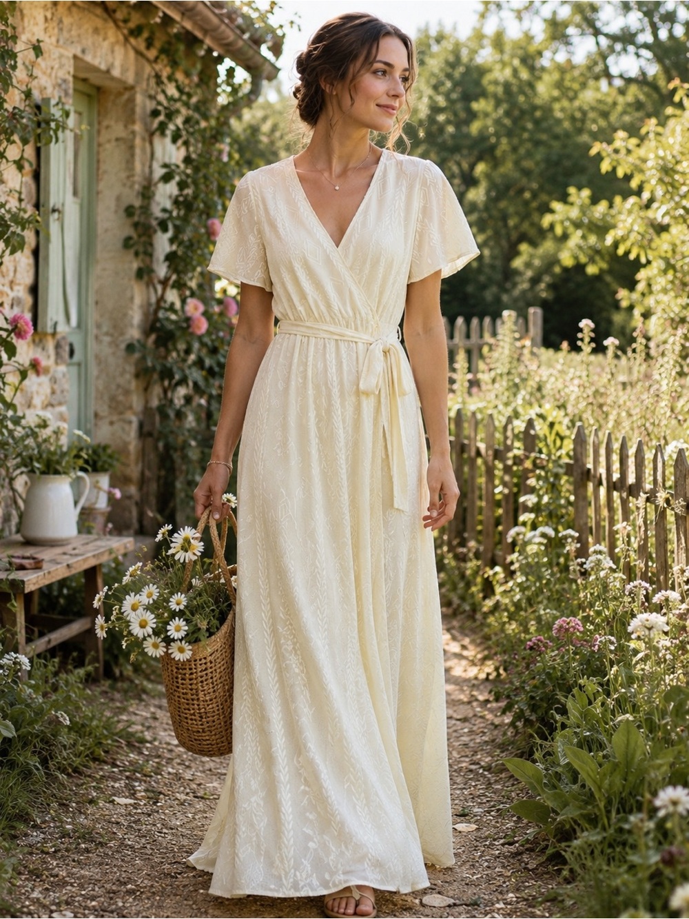 NWOT Carly Jean Los Angeles Butter Yellow Embroidered Maxi Wrap Dress XL Boho